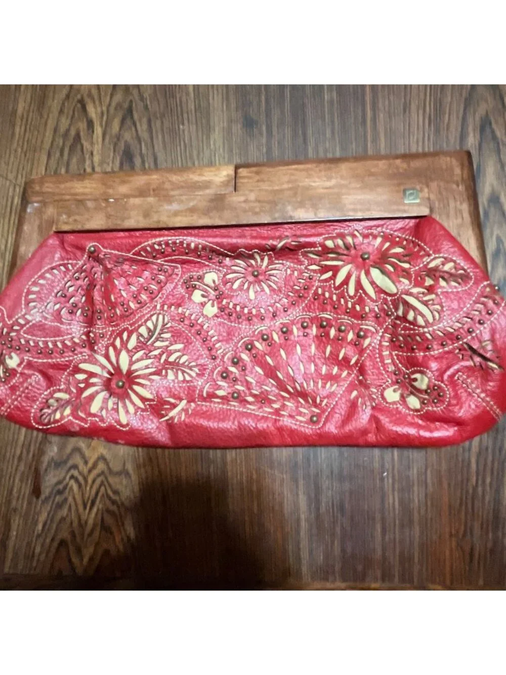 Rare Vintage RAFÉ Red Cut Out Leather‎ Clutch with Wooden Handle